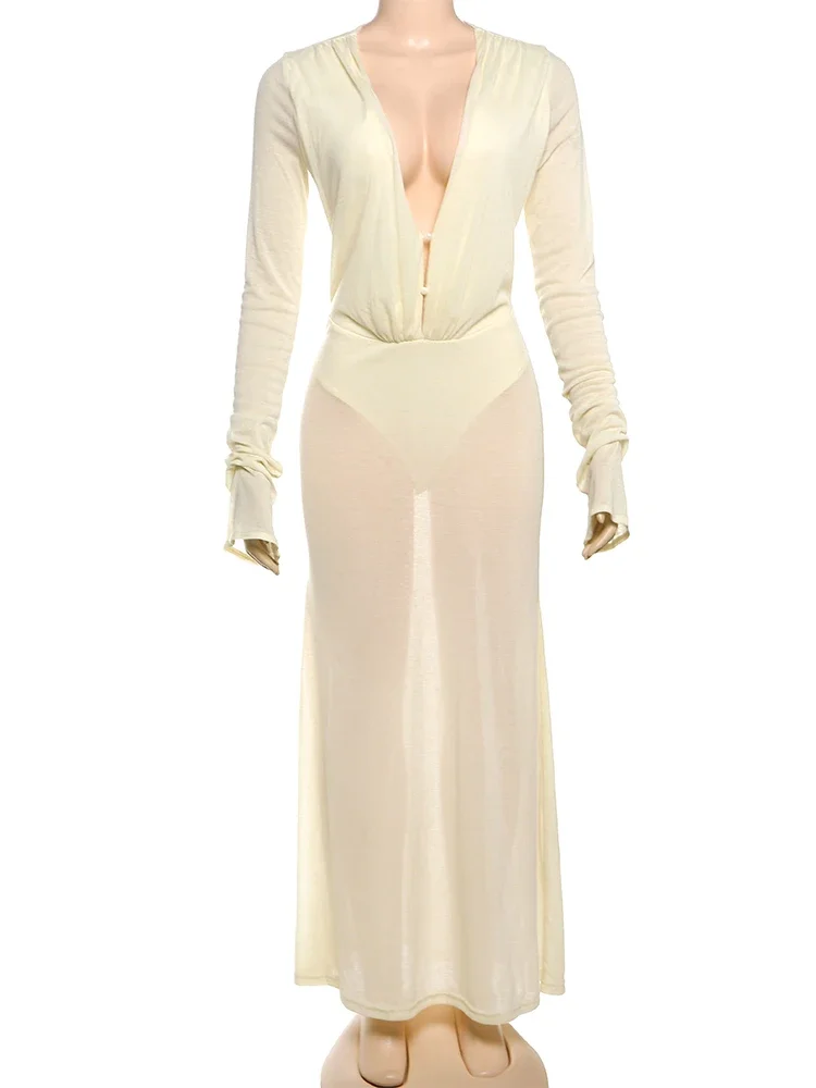 Kliou-Vestidos largos con cuello en V para Mujer, Vestidos Hipster drapeados para vacaciones, vestido largo transparente de manga larga, Vestidos clásicos lisos para vacaciones