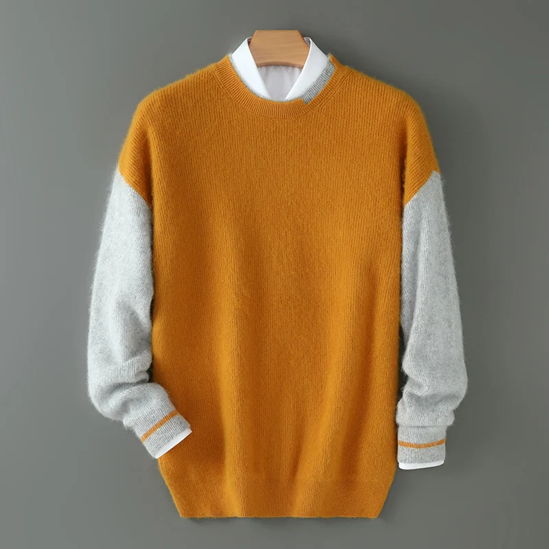 

Autumn And Winter New Men's Mink Cashmere Sweater Round Neck Splicing Head Loose Padded Casual Knitted Bottoming Shirt