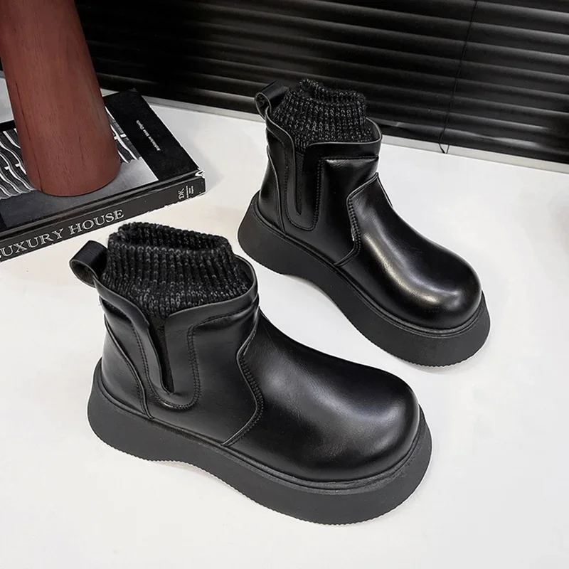 รองเท้าบูทหุ้มข้อขนสัตว์สำหรับผู้หญิง รองเท้าบูทหิมะแบบแบน รองเท้าฤดูหนาวที่อบอุ่น รองเท้าแฟชั่นสำหรับเดินเล่น รองเท้าหนัง รองเท้าบูทเชลซีขนสั้น