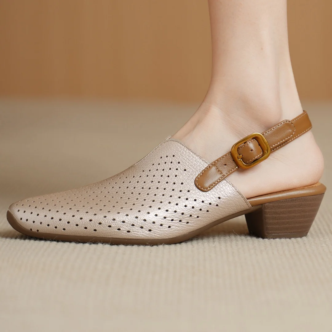 

Женские сандалии-слингбэки danxuefei из овчины с квадратным носком, без застежек, с вырезами, дышащие, летние, на среднем каблуке 4 см, размер 40