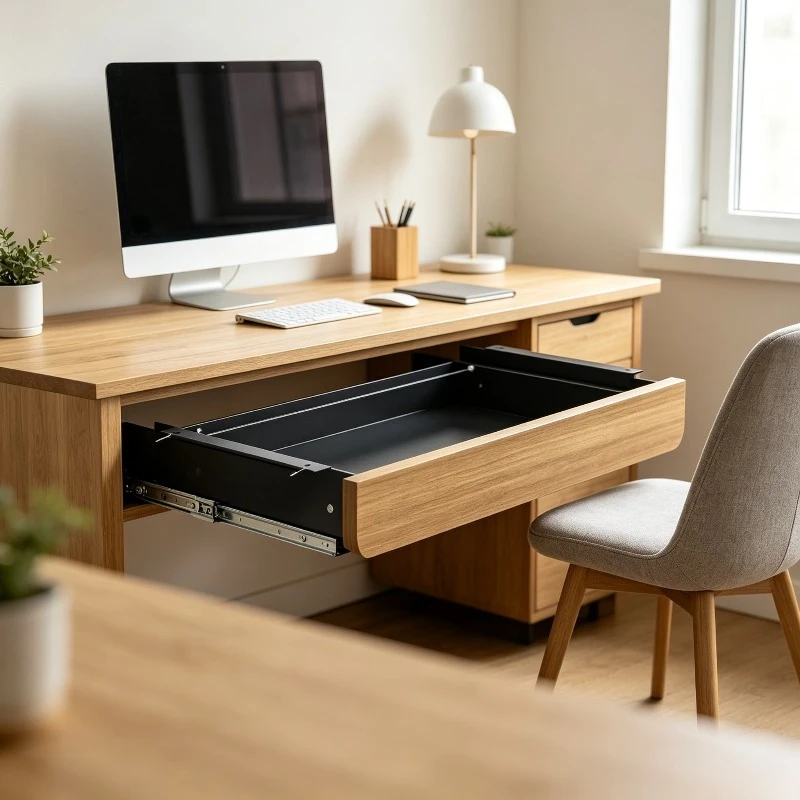 Solid Walnut Under-desk Drawer, Concealed Storage Box for Lifting Computer Desk, Sturdy Wooden Tray Organizer with Slide Rail.