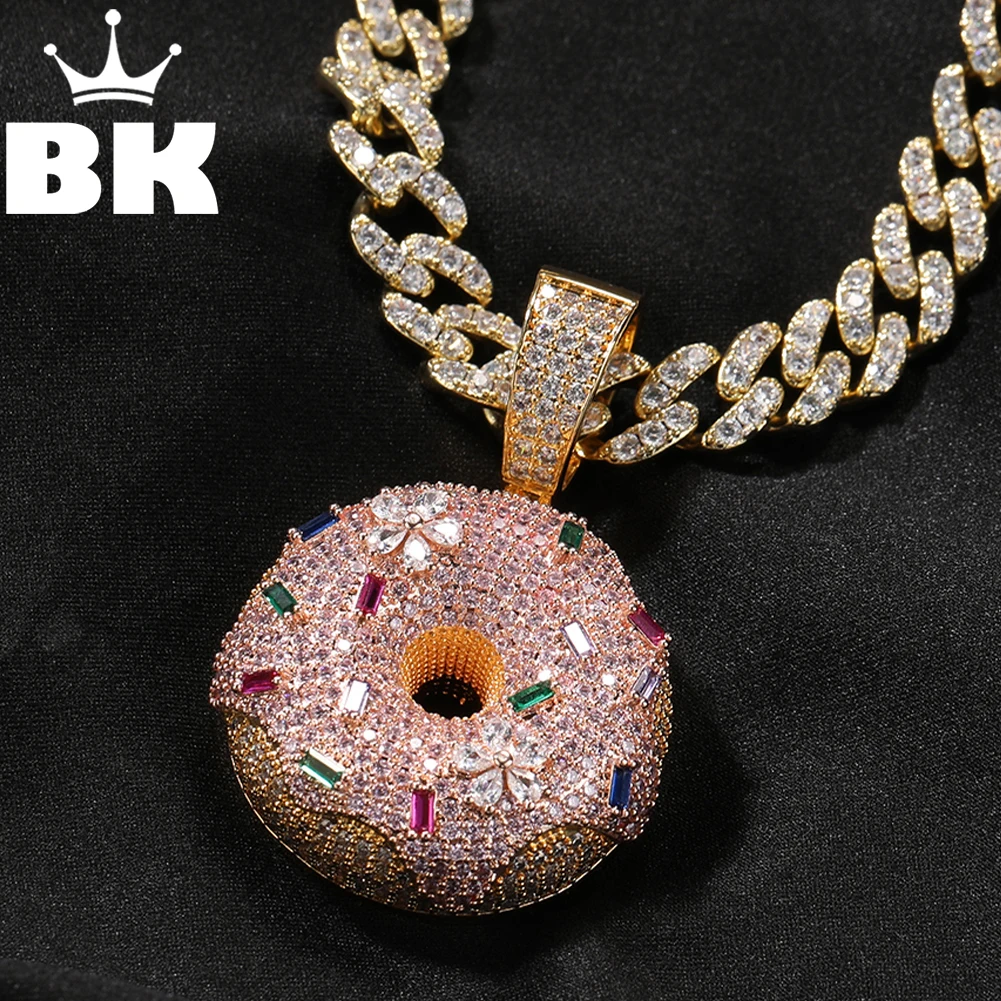 

THE BLING KING Pink Icy Donut Pendant Necklace For Women Paved Colorful Crystal Charm 9mm CZ Cuban Chain Luxury Cute Y2K Jewelry