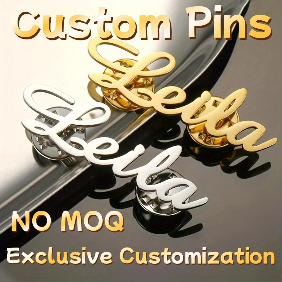 Custom Metal Lapel Pin Personalized Name Cursive Letter Brooch Custom Engraved Gold Silver Jacket Backpack Jewelry Gift