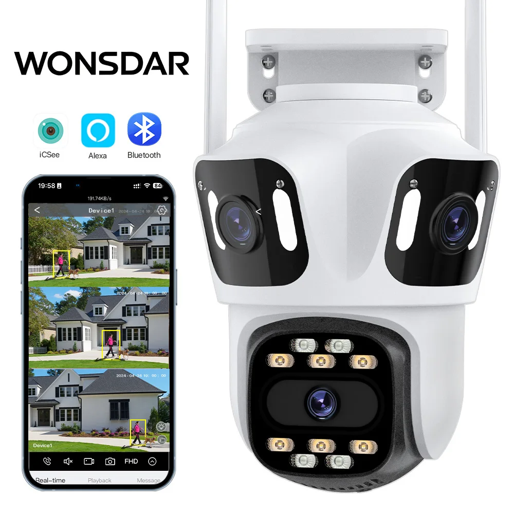 WONSDAR Three Lens Three Screen IP Camera WiFi External Triple Lens Auto Track Security PTZ HD Camera iCsee Video Surveillance