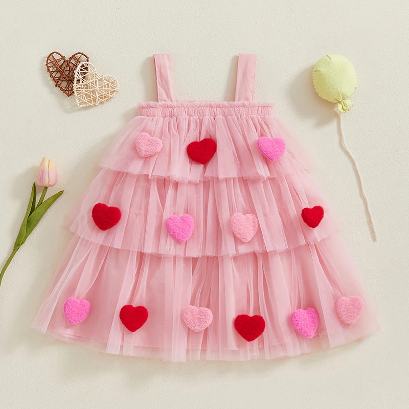 Summer Toddler Baby Girl Dress 3D Heart Tiered Sleeveless Children Dress Kids Sundress Slip Dress Fashion Girls Clothing 1-9Y