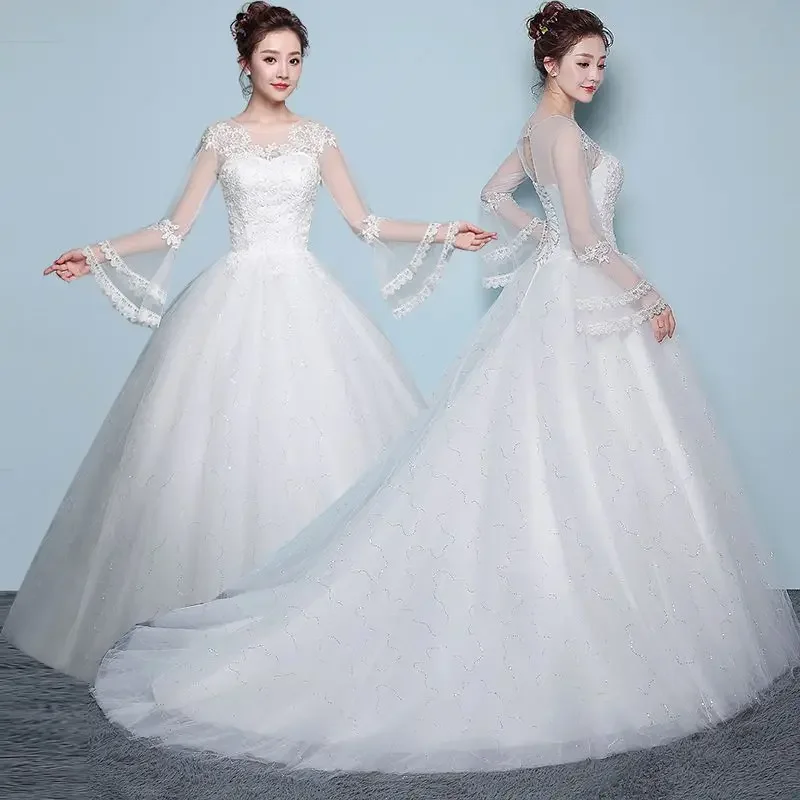 Customized Train Wedding Dress Women Ball Gowns Plus Size Wedding Dresses Tailing Half Sleeves Lace Up Dresses