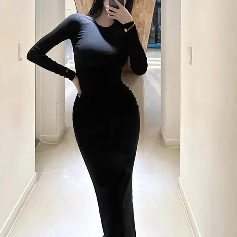 2025 printemps coton Sexy mince col rond longue robe femmes à manches longues femme robes moulante vêtements De fête robes De Mujer Elegantes