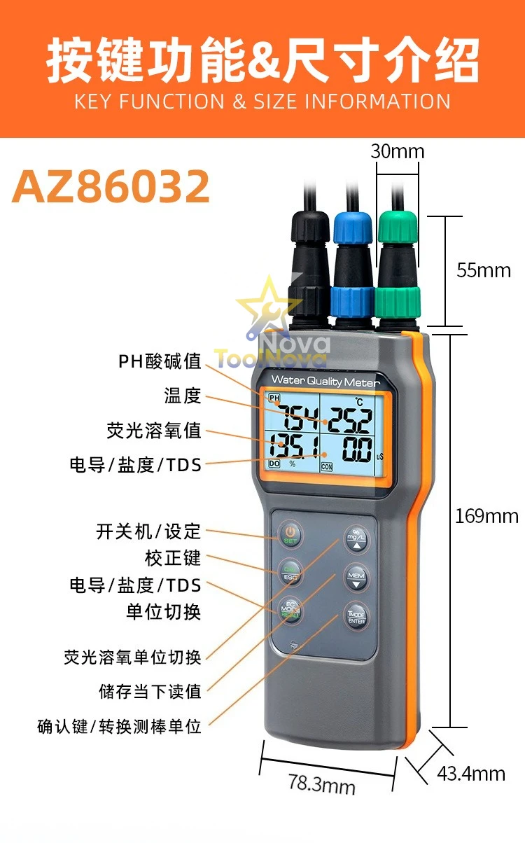 Detektor kualitas air enam-dalam-satu yang laris terjual, alat uji konduktivitas produk akuatik, pH, salinitas, berat jenis, TDS, pena uji AZ86032