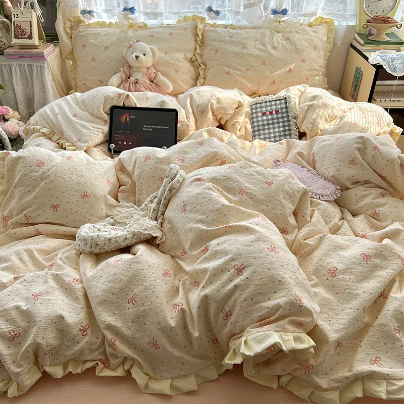 Korean Style Lace Ruffle Bedding Set Twin Full Queen Size Bed Sheet Set Soft Printed Duvet Cover Set with Pillowcase Bed Linen