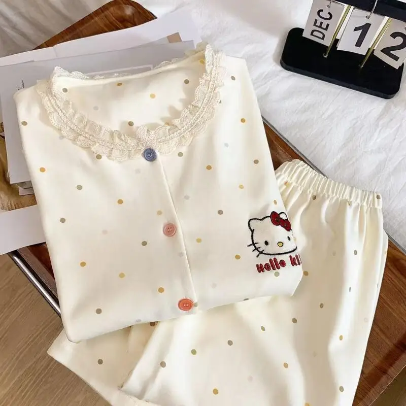 

Хлопковая пижама Sanrio Hello Kitty для женщин, ночная одежда с милым мультяшным принтом, весенне-осенние брюки, пижама с длинными рукавами, одежда для сна для девочек, домашняя одежда