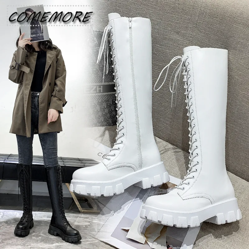 2024 New Thicken Winter Knight Boots Women Knee High Long Square Heel Retro Lace Up Motorcycle Boots Black White Botas Mujer 43