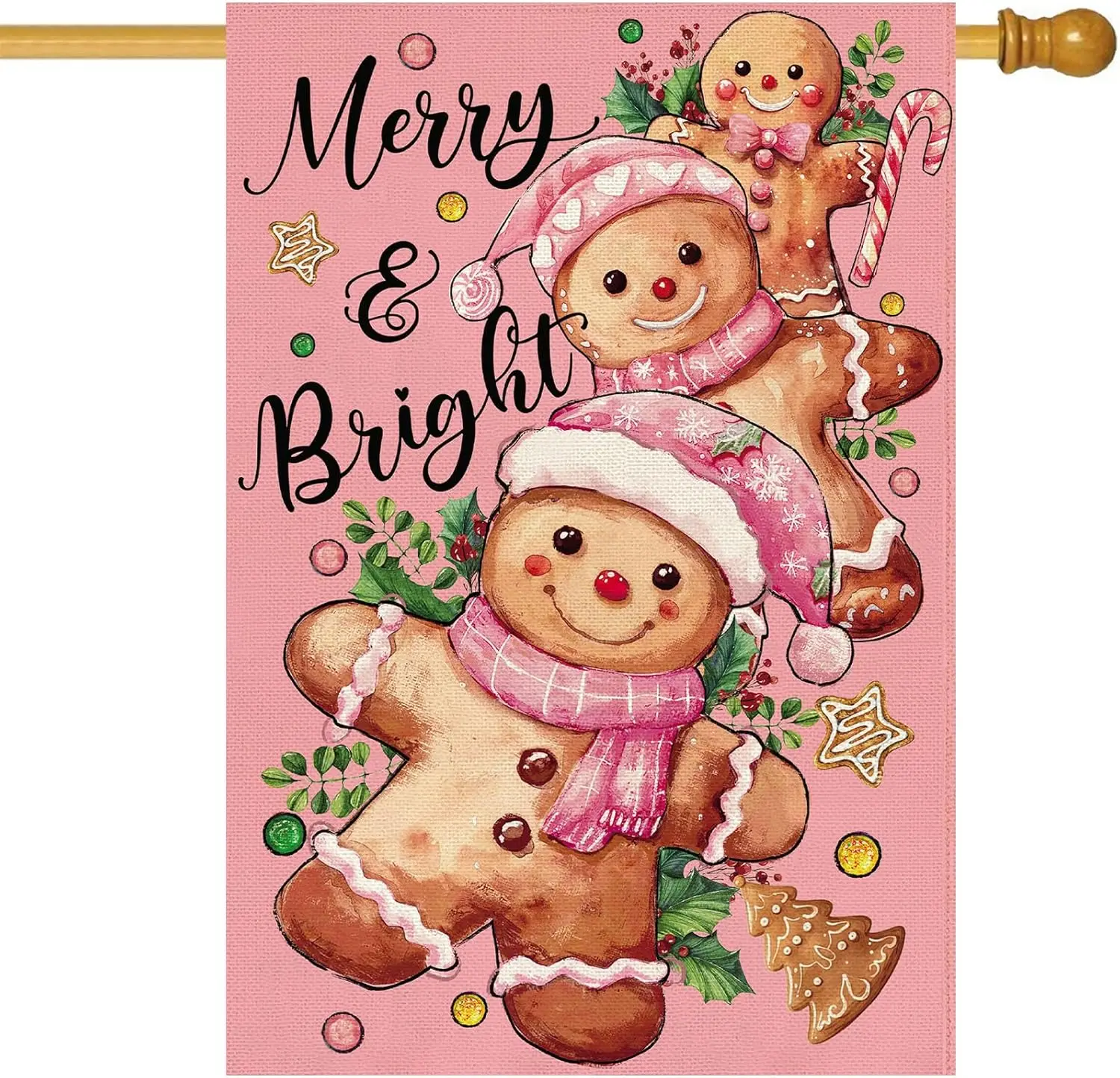 Baccessor Christmas Gingerbread Man House Flag 28x40 Inch Double Sided Candy Cane Pink Merry and Bright Holly Berries Large  SSL
