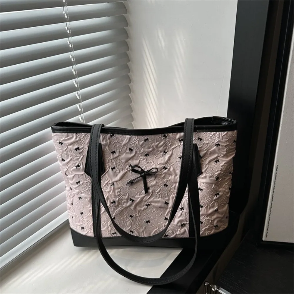 Simple Color-blocked Bow Shoulder Bag Pink Large Capacity Women Handbag Versatile Y2k Tote Bag Banquets