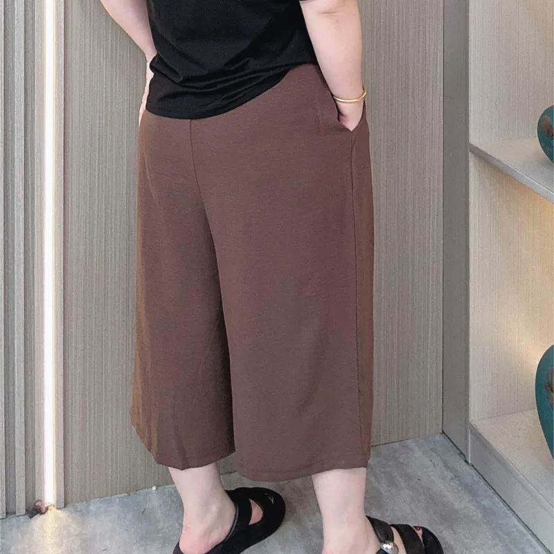 Culottes de perna larga feminina, cintura alta elástica, seda gelo, casual, calça com comprimento de panturrilha, solta, verão, nova, plus size