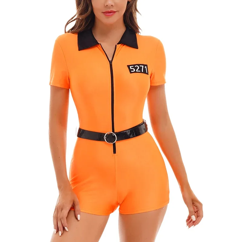 Women Female Prisoner Zipper Short Sleeve Orange Jumpsuit with Belt Cosplay Uniform Fancy Halloween Party Prisoner Costume