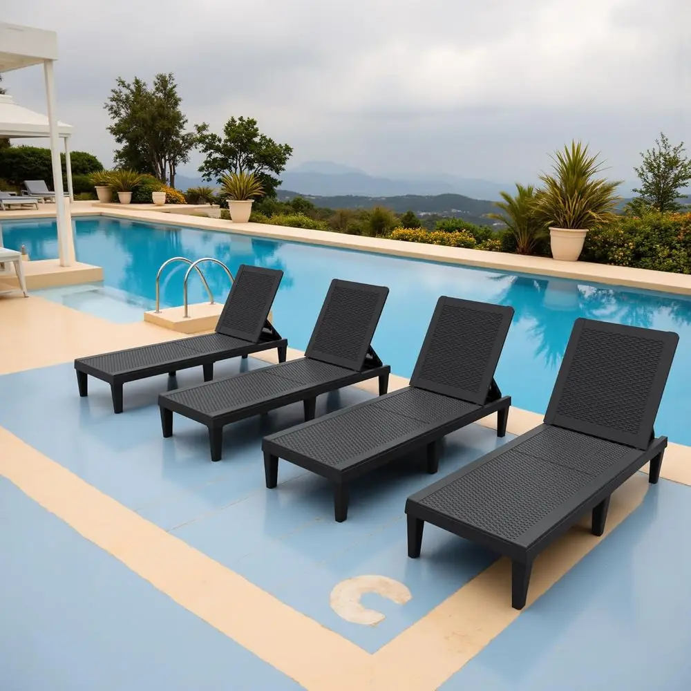 Juego de Muebles de Jardín Reclinables Ajustables de 4 Piezas, Material de PP Impermeable, Ideal para el Borde de la Piscina, el Jardín o la Playa, Negro