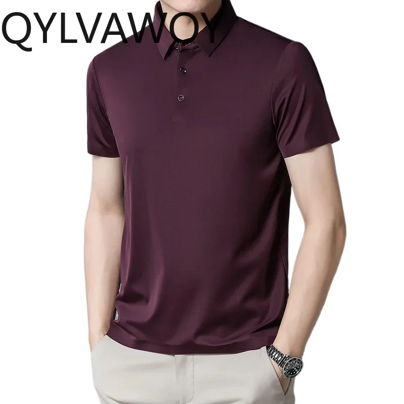 

QYLVAWOY 68.2% Mulberry Silk T Shirts for Men Clothing hin Style Polo -shirt Summer Mens Short Sleeve op 2025 Solid