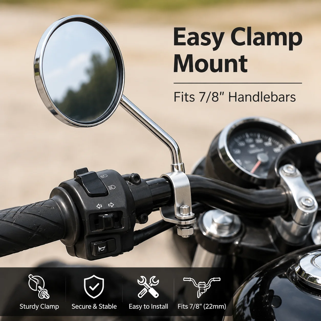 Motorcycle Handlebar Round Rear View Mirror U Clamp Type Side Mirror Fit 22mm 25mm Handlebar Scooter E-bike 2 Colors