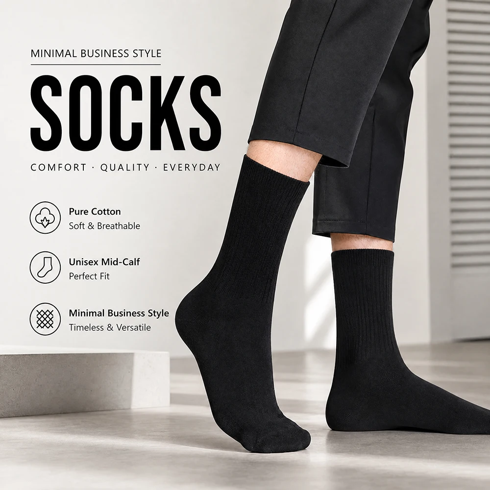 6 Pairs Men's Mid Calf Solid Color Business Socks Pure Cotton Breathable Soft Casual Crew Socks Minimalist Style Gift for Men