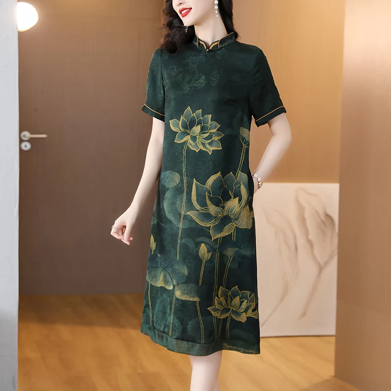 

2023 New Fashion Silk Printed Dress Women's Summer Versatile Standing Neck Qipao Style Loose Fit Casual Holiday Dress Vesidos