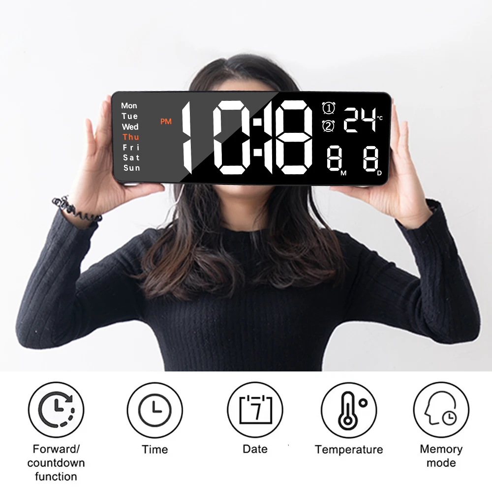 Remote Control Wall-mounted Power Off Memory Temp Date Week Display Dual Alarms LED Clocks Large Digital Wall Clock Table Clock