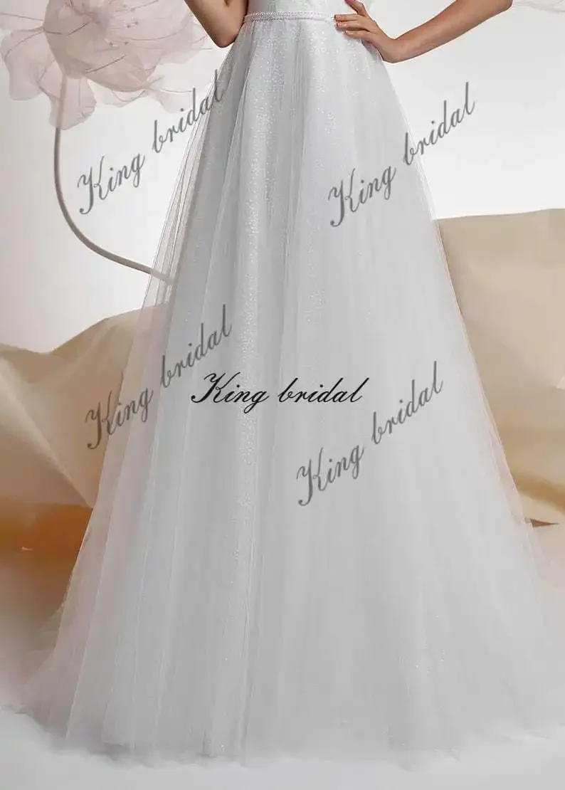 Brautkleider, drapiertes, individuelles Brautkleid, individuelles glitzerndes, gepunktetes Tüll-Hochzeitskleid, glitzernde Tüll-Hochzeitskleider, elegantes Korsett