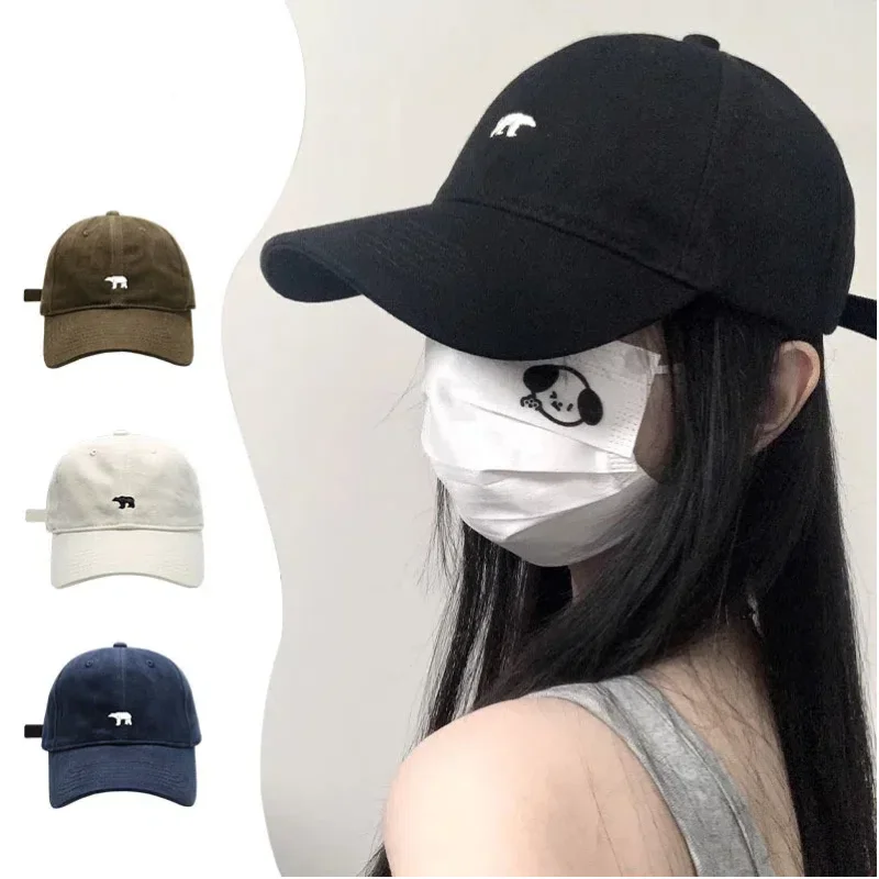 Hat Female Spring/Summer American Embroidered Wide Brimmed Baseball Hat Female Sunshade Soft Top Polar Bear Duck Tongue Hat Male