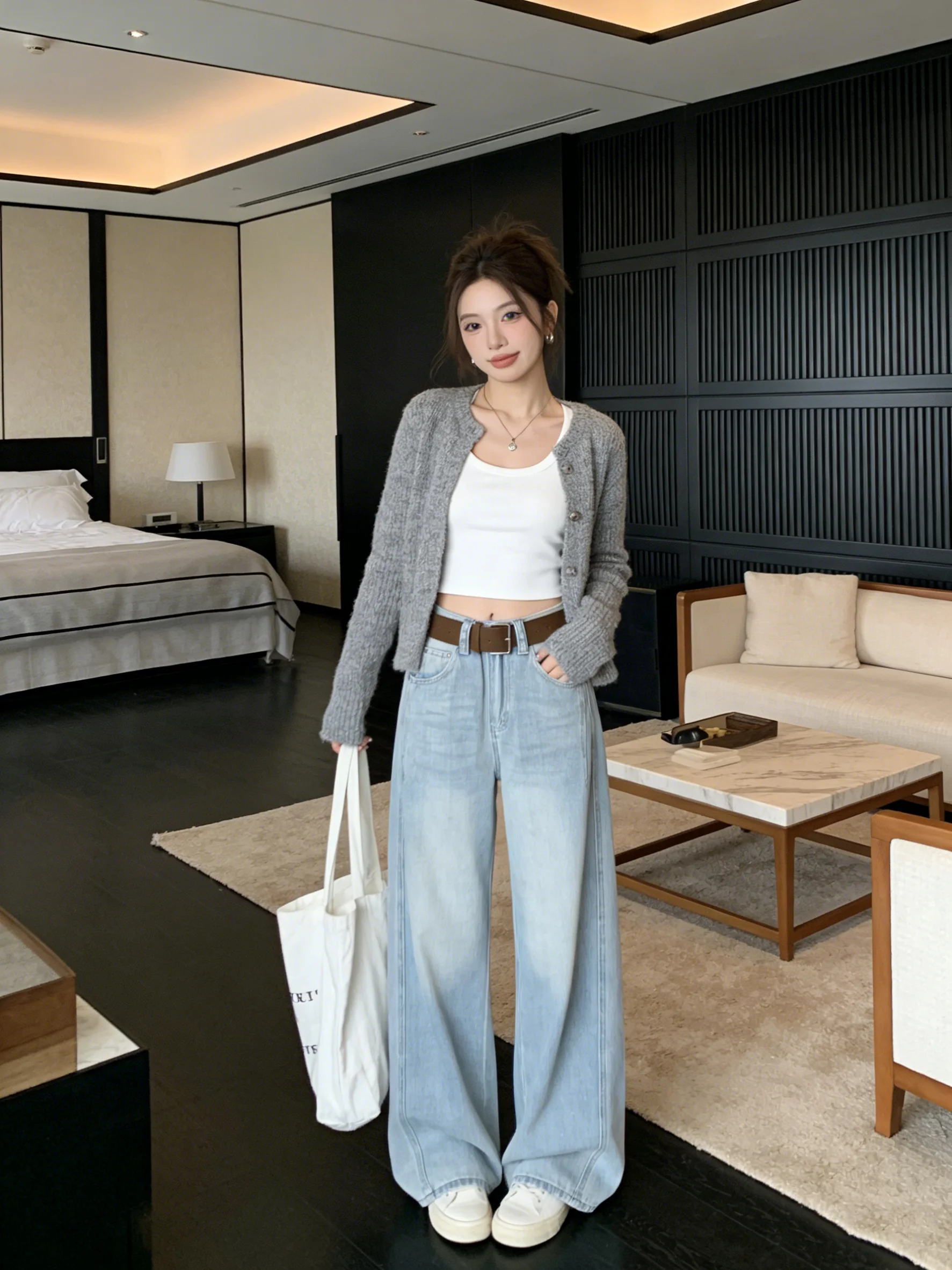 

Early Spring High Waist Soft Vintage Korean Sle Light Denim Pants Wide Leg Pants Ele Personali Casual Jeans