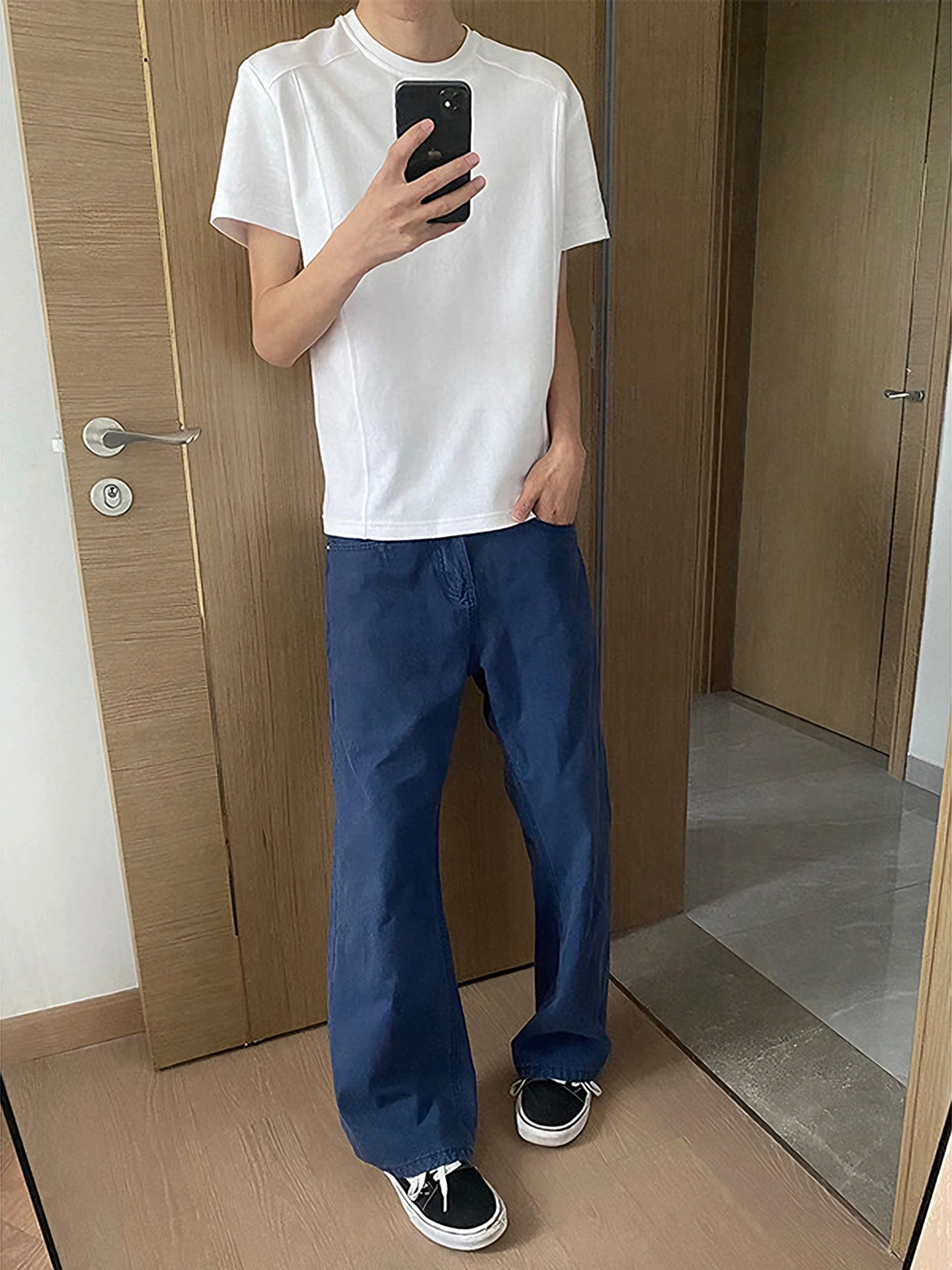 

American Sle Deep Blue Cotton Men's Jeans Spring Heavyweight Straight Leg Wide Leg Pants Slimming Effect High Waist
