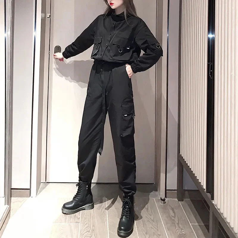 Single Set Female Cool girl Wearing Motorcycle Style Jacket top With Work Pants 2024 Early Autumn New Dark Style Women Clothing