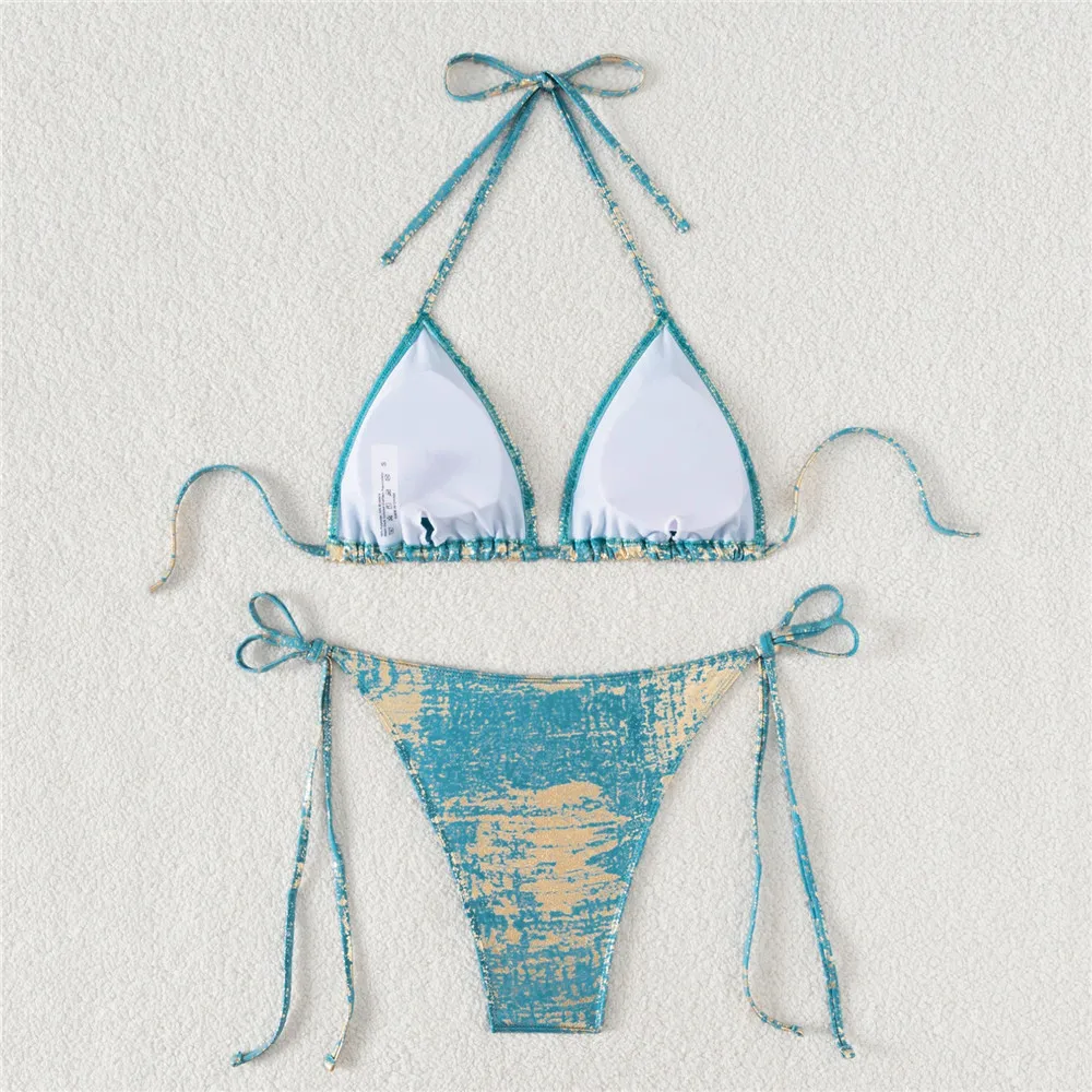 Green Shiny Swimwear Halter String Triangle Micro Bikini Thong Sexy Swimsuit Women 2025 Bathing Swimming Suit Mini Bikinis Sets