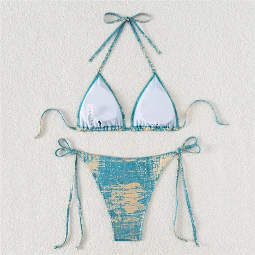 Imagen 2 del producto Traje de baño verde brillante Halter String Triangle Micro Bikini Tanga traje de baño Sexy para mujer 2025 traje de baño Mini Bikinis conjuntos