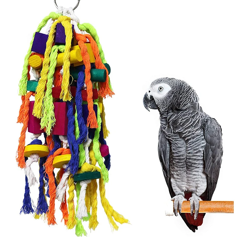 

Bird Supplies Food Coloring Natural Wood Brick Cotton Rope Hanging Bird Accessories Bird Chewy Foraging Climb Toy