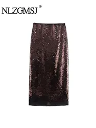 TRAF 2024 Autumn Winter Sequin Decoration Women Long Skirt Slim Fit Midi Skirt New Temperament Sense Women's Clothing