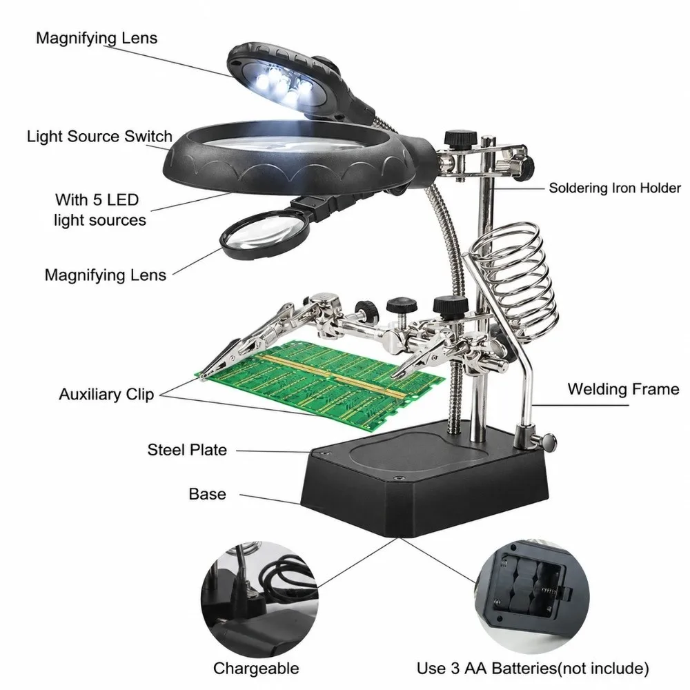 Metal Frame Helping Hands Magnifier Black Body Transparent Lens Soldering Magnifying Station Adjustable Arm Round Lens