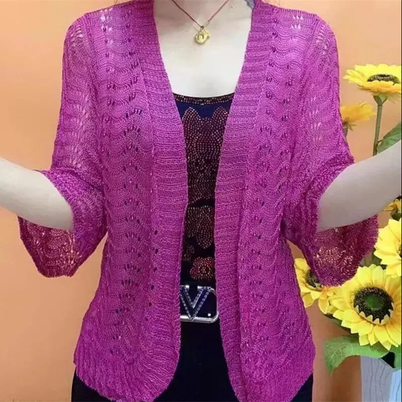 Summer Ice Silk Knitted Sunscreen Coat 2023 New Loose Fashion Cardigan Tops Solid Color Shawl Hollow Round Neck Coats Female