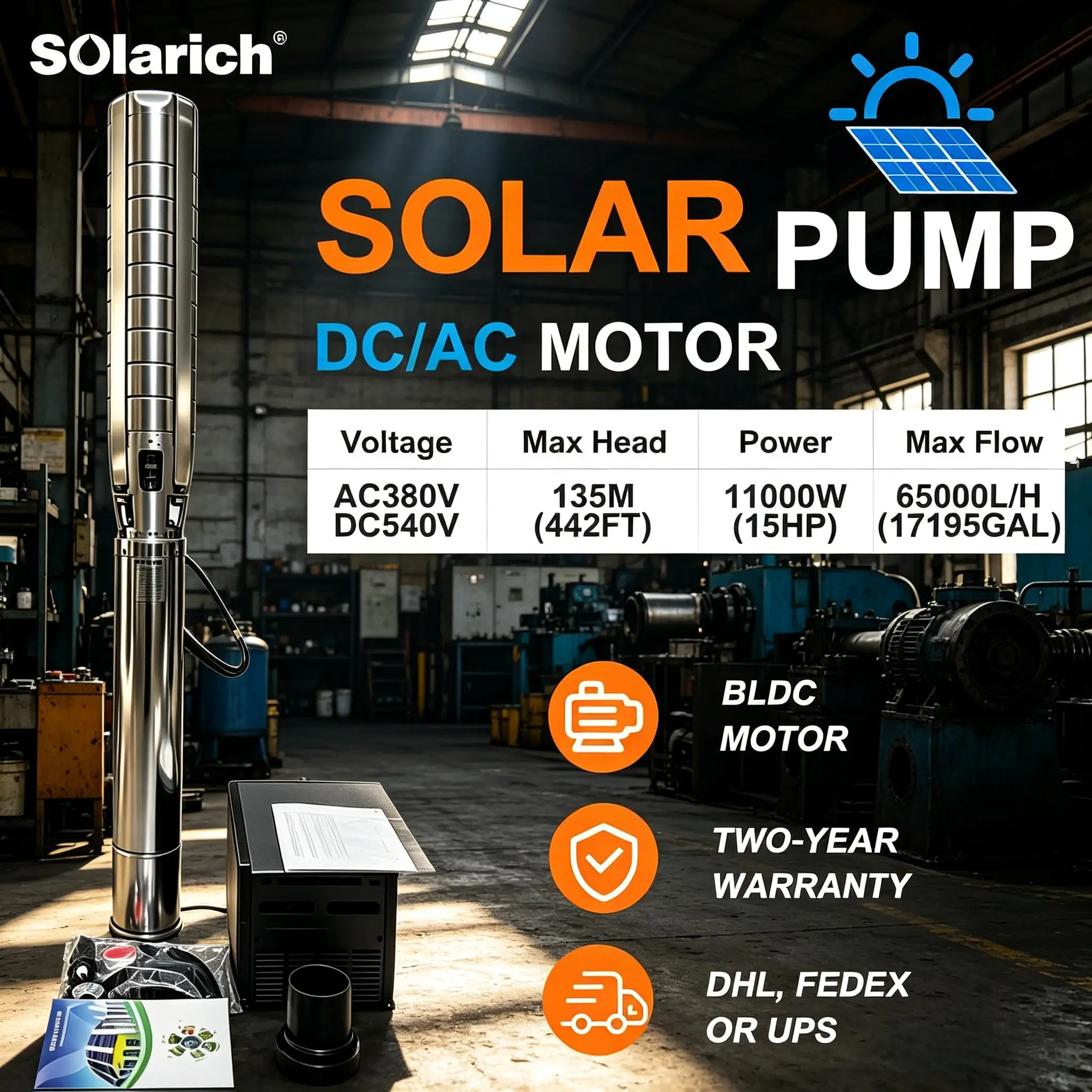 6‑Inch Large‑Capacity Solar Submersible Pump 15HP Max, BLDC Solar Water Pump with MPPT, for Deep Well, Farmland, Ranch & Remote