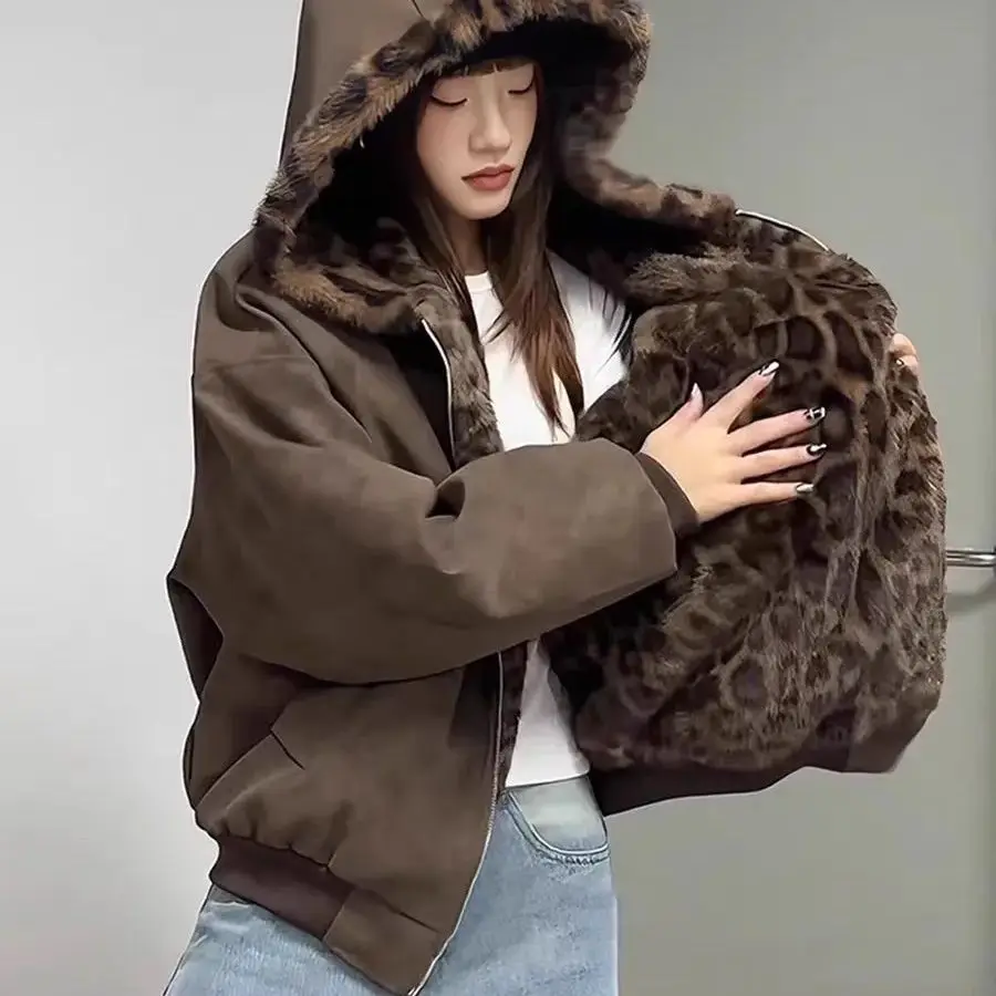 Winter Fur Jacket Women Reversible Leopard Print Hooded Winter Fleece Jacket Men's Women's Thick Padded Coat Outerwear Harajuku
