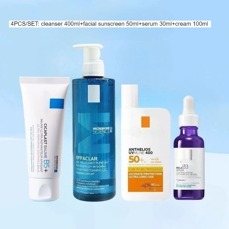 Cuidado de la piel Original francés, 4 juegos, niacinamida, eliminación de manchas oscuras, suero Mela B3, Gel limpiador Facial, protector solar SPF50, crema blanqueadora