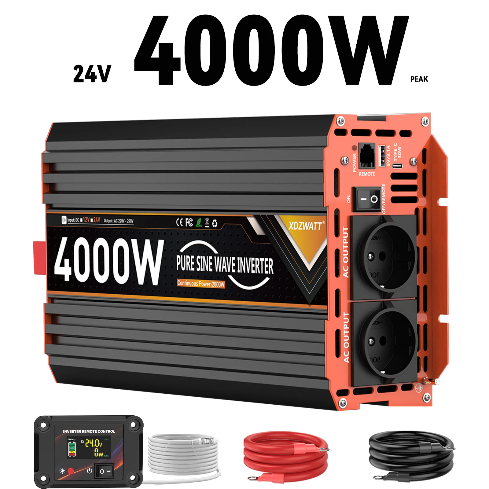4000W Piek 2000W Power Zuivere Sinus Omvormer DC 12V 24V naar AC 230V LCD Display Auto USB-C Poort Voltmeter Converter Transformator