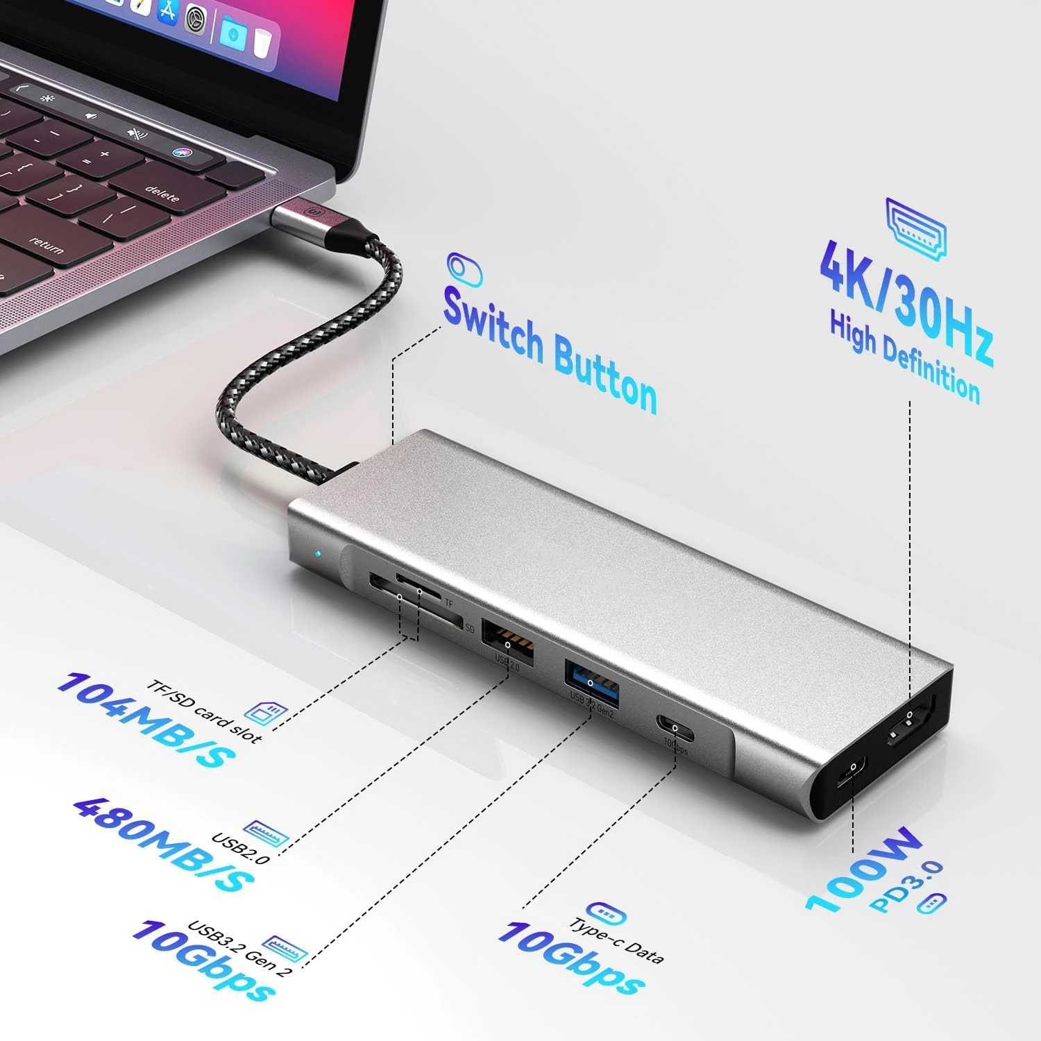 Imagem -03 - Hub Usb tipo c com Gabinete Ssd M.2 Nvme Sata 10gbps Khz Hdmi Usb 3.2 Gen2 Pd100w Usb 3.0 Ssd M.2 Ngff em 1