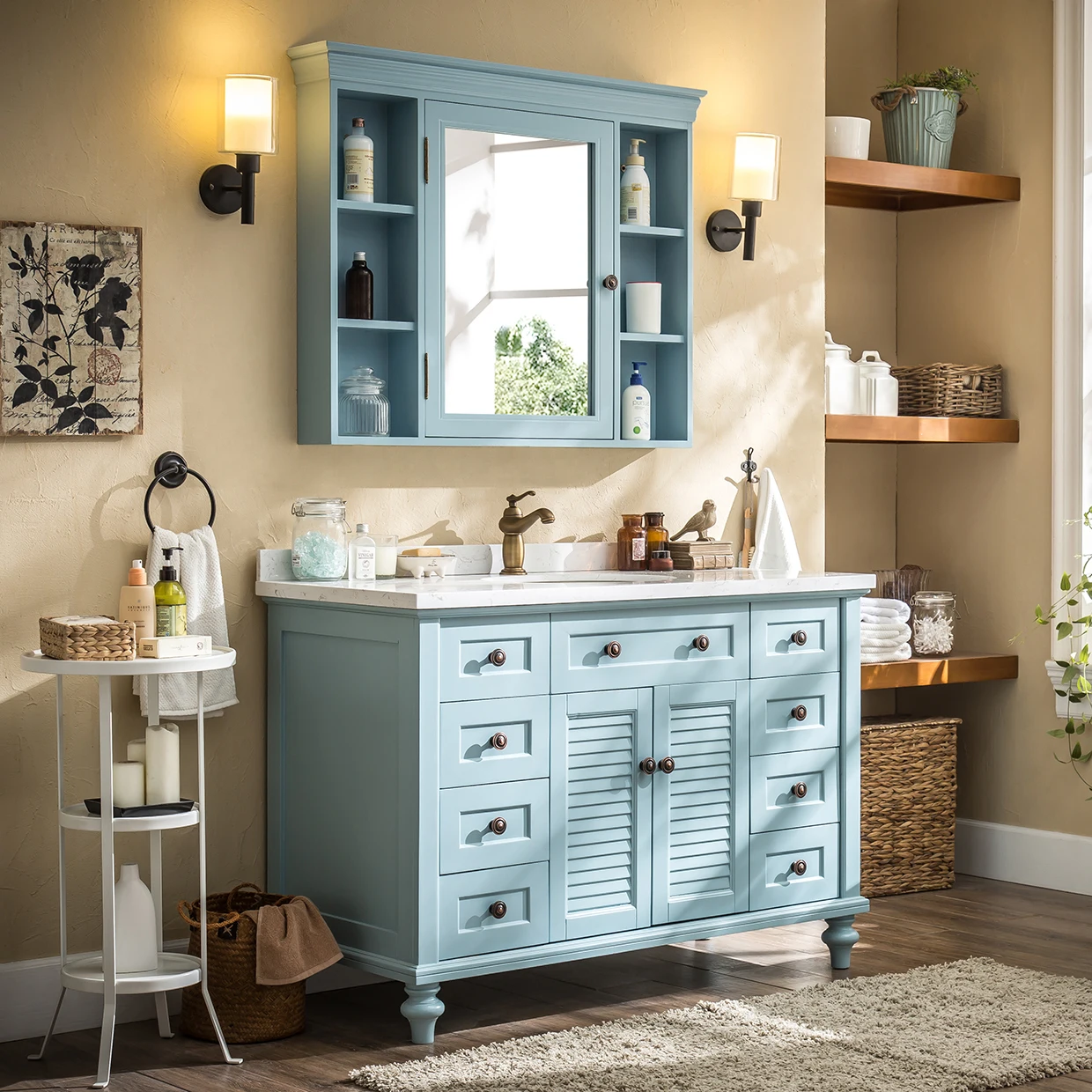 ！@Antique Style Bathroom Furniture Set Marble Countertop Bathroom Vanity Basin Sink Wooden Panel Bathroom Cabinet With Mirror