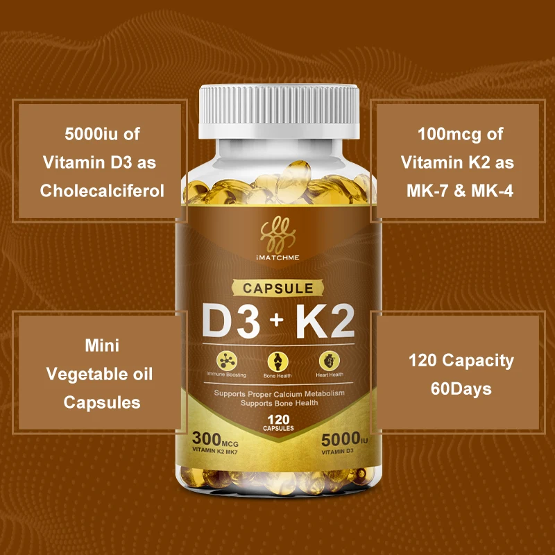 Vegan Vitamin D3 5000iu (125 mcg) + Vitamin K2 (100mcg VitaMK7) Non-GMO, Gluten Free in Cold-Pressed Olive Oil D3K2 Supplement