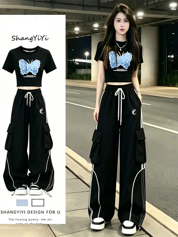 American Style Street Dance Workwear Set Women Summer  Print Short Sleeve T-Shirt Multi Pocket Workwear Two Piece Set
