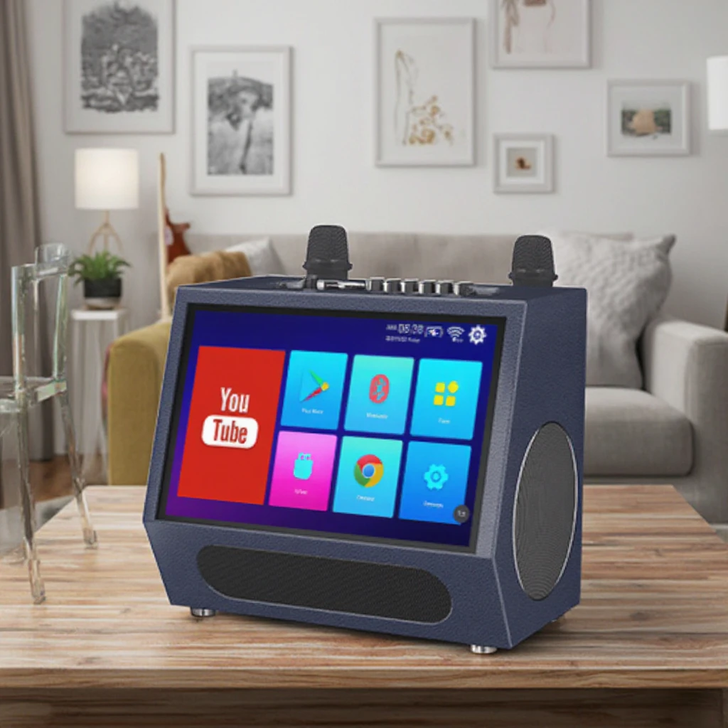 

Portable Video Speaker Rechargeable Battery Outdoor Mini Karaoke Machine Computer Outdoor Speaker Machine With Mics Touch Screen