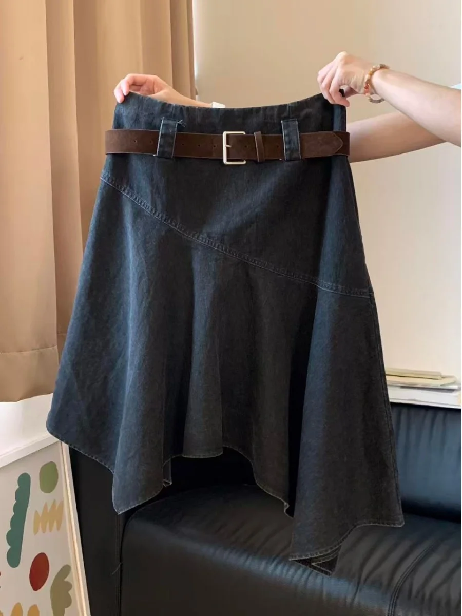 Asymmetric High Waist Denim Skirt for Women Summer New Vintage Design Mid-Length Black A-Line Skirt Ladies Fashion