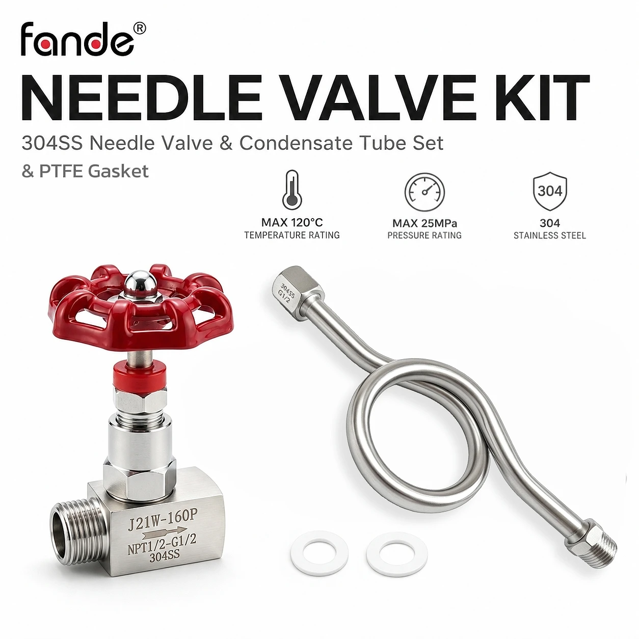304SS Needle Valve Condensate Tube Set with PTFE Gasket, Male NPT1/2 to Female G1/2 Fittings for Boiler Hot Water System