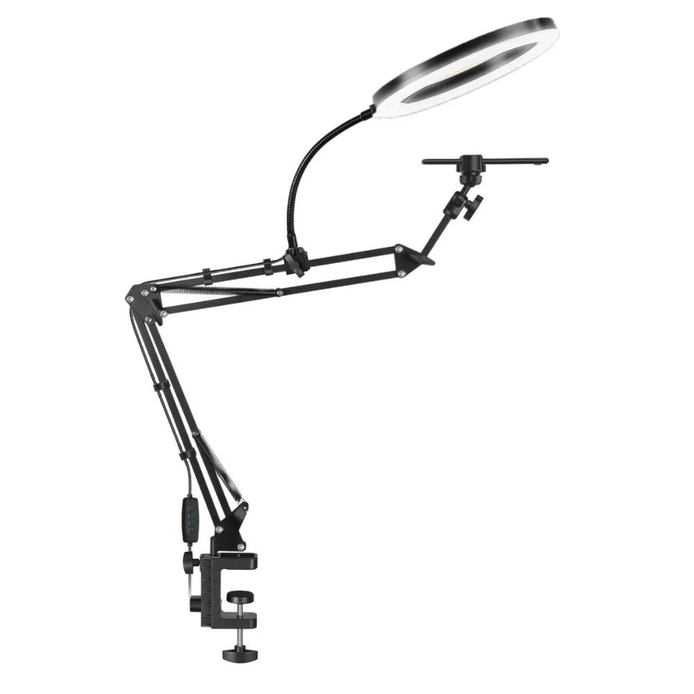 

With Fill Light Telescopic Phone Stand Stable Adjustable Height Mobile Phone Holder Portable Metal Clamp Type Phone Holder