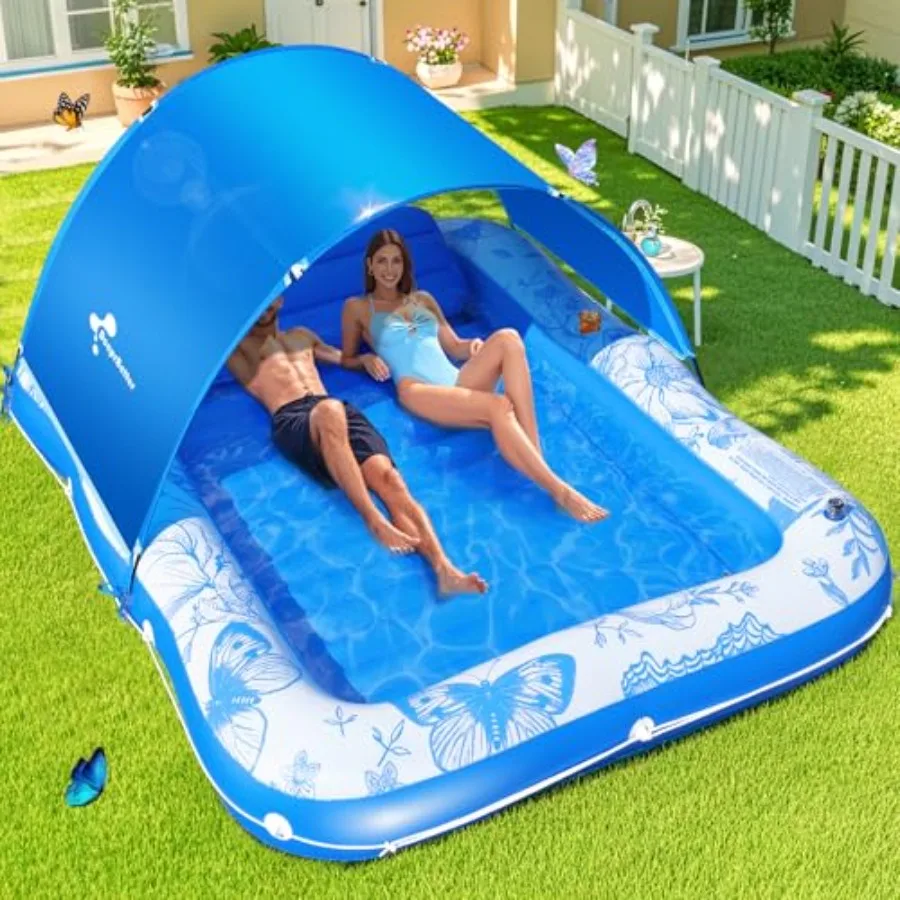 Backyard inflatable tanning pool lounger with canopy PVC material blue 81x60 includes cup and phone holder