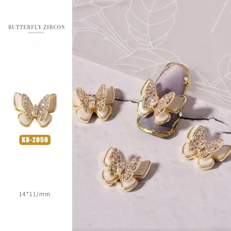 1Pc Double-layer Mother Of Pearl Butterfly Nail Charms, Shiny Rhinestones For DIY Press On Nail Manicure Decor